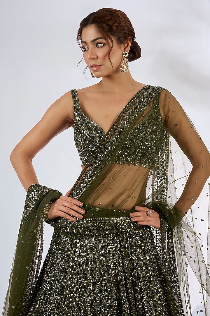 Bottle Green Net Bridal Lehenga Set by Seema Gujral at Pernia's Pop Up Shop