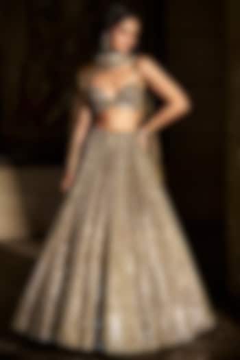 Antique Gold Banarasi Mirror Embroidered Bridal Lehenga Set by Seema Gujral at Pernia's Pop Up Shop