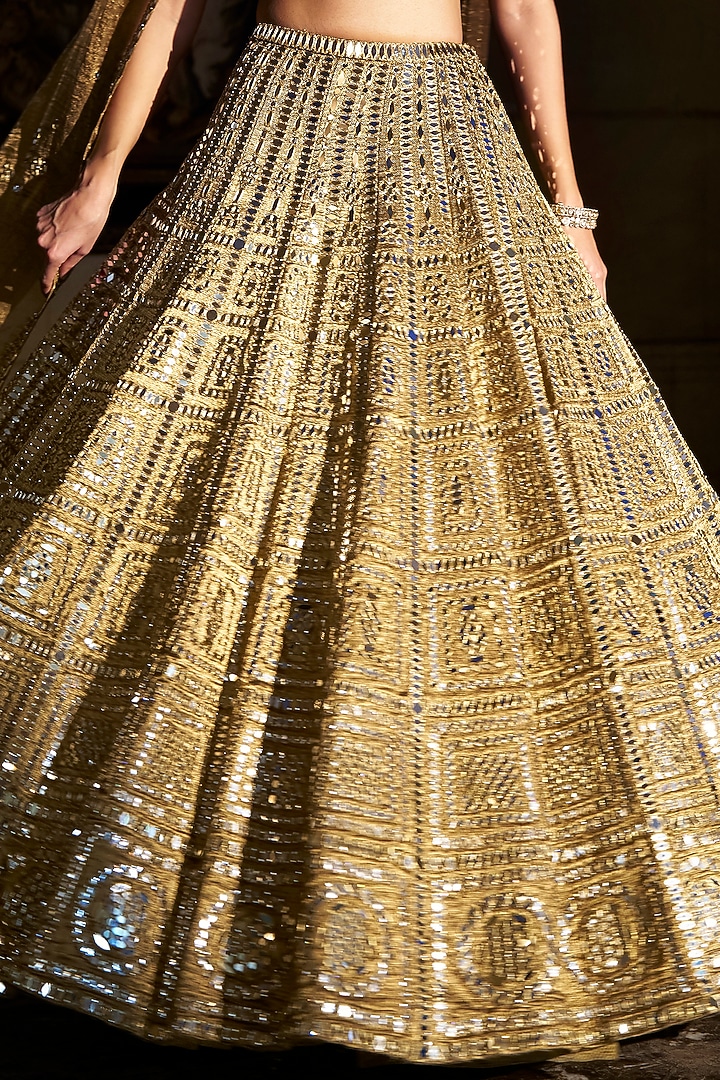 Antique Gold Banarasi Mirror Embroidered Bridal Lehenga Set by Seema Gujral at Pernia's Pop Up Shop