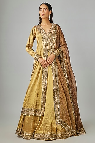 Antique Gold Banarasi Silk Lehenga Set by Seema Gujral