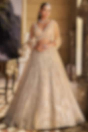 Nude Net Pearl Embroidered Bridal Lehenga Set by Seema Gujral at Pernia's Pop Up Shop