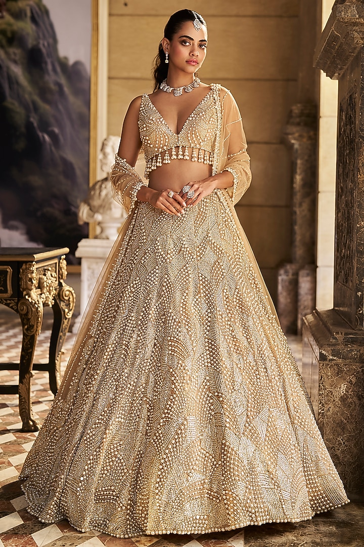Nude Net Pearl Embroidered Bridal Lehenga Set by Seema Gujral at Pernia's Pop Up Shop