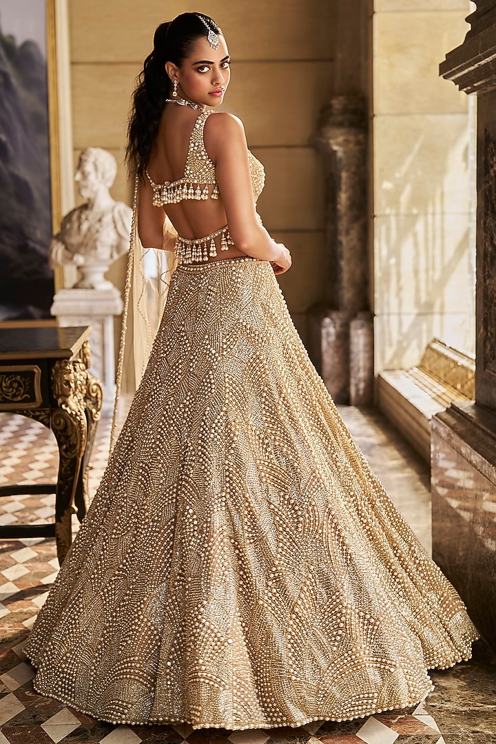 Nude Net Pearl Embroidered Bridal Lehenga Set by Seema Gujral at Pernia's Pop Up Shop