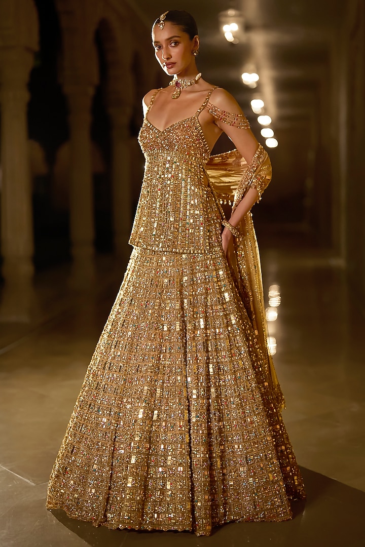 Antique Gold Net Zardosi Embroidered Bridal Lehenga Set by Seema Gujral at Pernia's Pop Up Shop