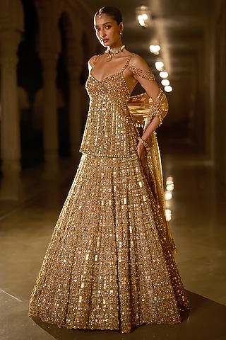 Antique Gold Net Zardosi Embroidered Lehenga Set by Seema Gujral