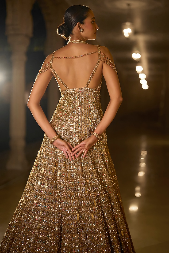 Antique Gold Net Zardosi Embroidered Bridal Lehenga Set by Seema Gujral at Pernia's Pop Up Shop