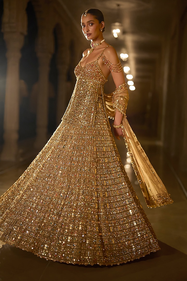 Antique Gold Net Zardosi Embroidered Bridal Lehenga Set by Seema Gujral at Pernia's Pop Up Shop