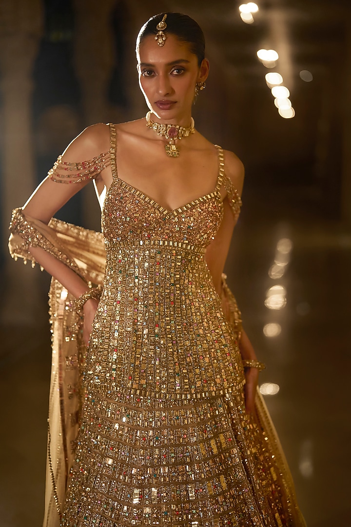 Antique Gold Net Zardosi Embroidered Bridal Lehenga Set by Seema Gujral at Pernia's Pop Up Shop