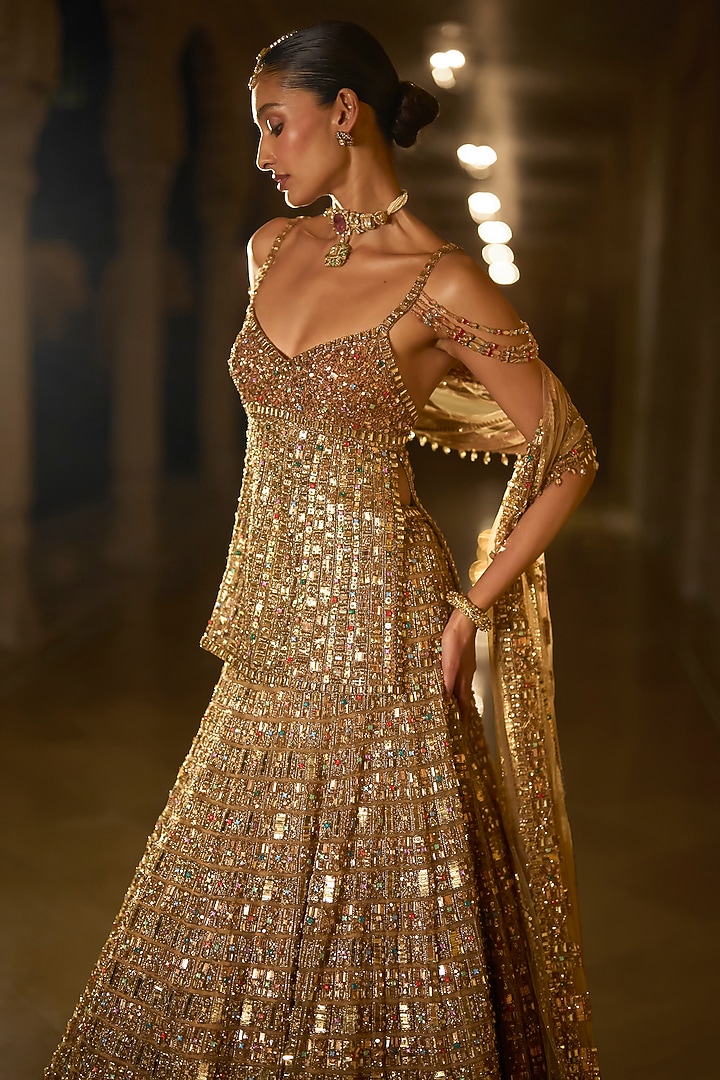 Antique Gold Net Zardosi Embroidered Bridal Lehenga Set by Seema Gujral at Pernia's Pop Up Shop