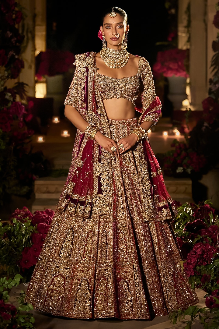Plum & Maroon Velvet Zardosi Embroidered Bridal Lehenga Set by Seema Gujral at Pernia's Pop Up Shop