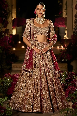 Plum & Maroon Velvet Zardosi Embroidered Lehenga Set by Seema Gujral