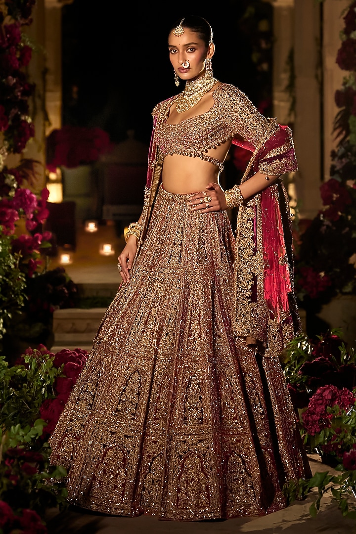 Plum & Maroon Velvet Zardosi Embroidered Bridal Lehenga Set by Seema Gujral at Pernia's Pop Up Shop