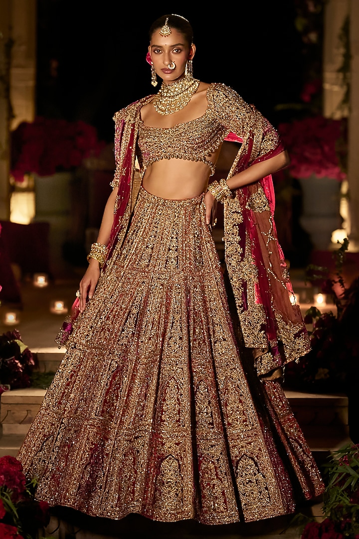 Plum & Maroon Velvet Zardosi Embroidered Bridal Lehenga Set by Seema Gujral at Pernia's Pop Up Shop