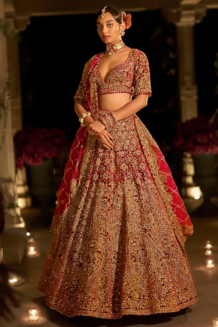 Maroon Velvet Zardosi Embroidered Bridal Lehenga Set by Seema Gujral at Pernia's Pop Up Shop