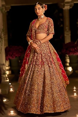 Maroon Velvet Zardosi Embroidered Lehenga Set by Seema Gujral