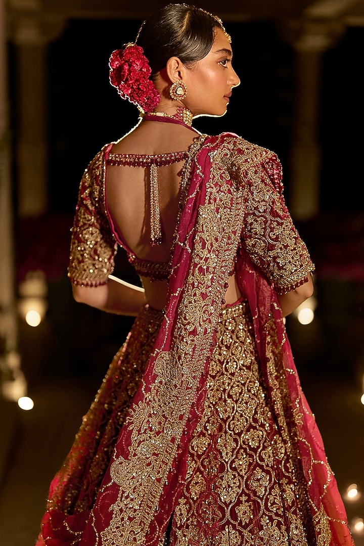 Maroon Velvet Zardosi Embroidered Bridal Lehenga Set by Seema Gujral at Pernia's Pop Up Shop
