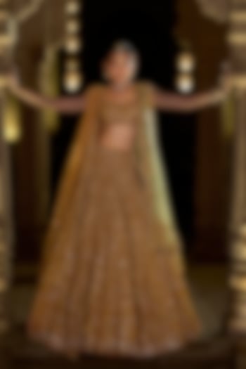 Antique Gold Net Thread Embroidered Bridal Lehenga Set by Seema Gujral at Pernia's Pop Up Shop