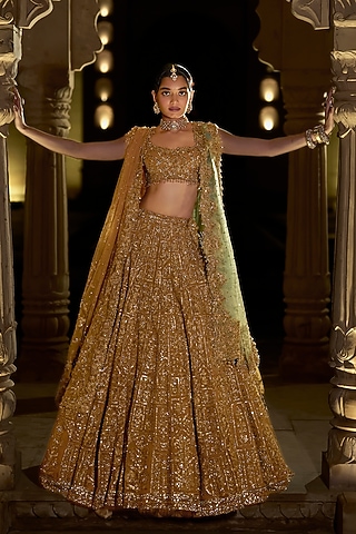 Antique Gold Net Thread Embroidered Lehenga Set by Seema Gujral