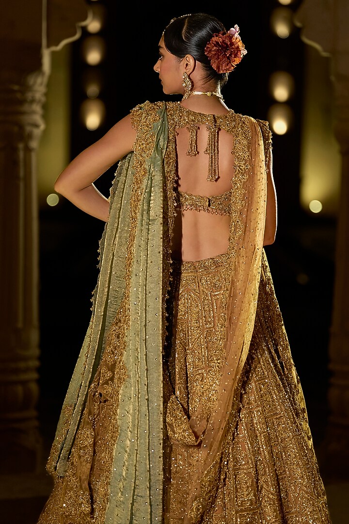 Antique Gold Net Thread Embroidered Bridal Lehenga Set by Seema Gujral at Pernia's Pop Up Shop