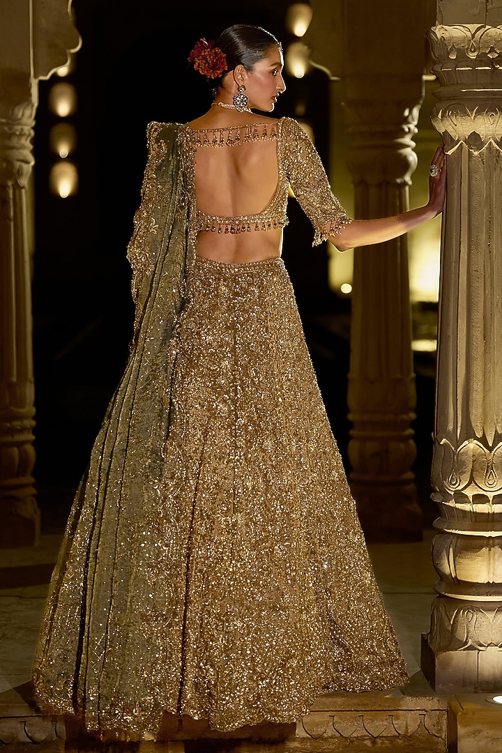 Antique Gold Tissue Silk Crystal Embroidered Bridal Lehenga Set by Seema Gujral at Pernia's Pop Up Shop