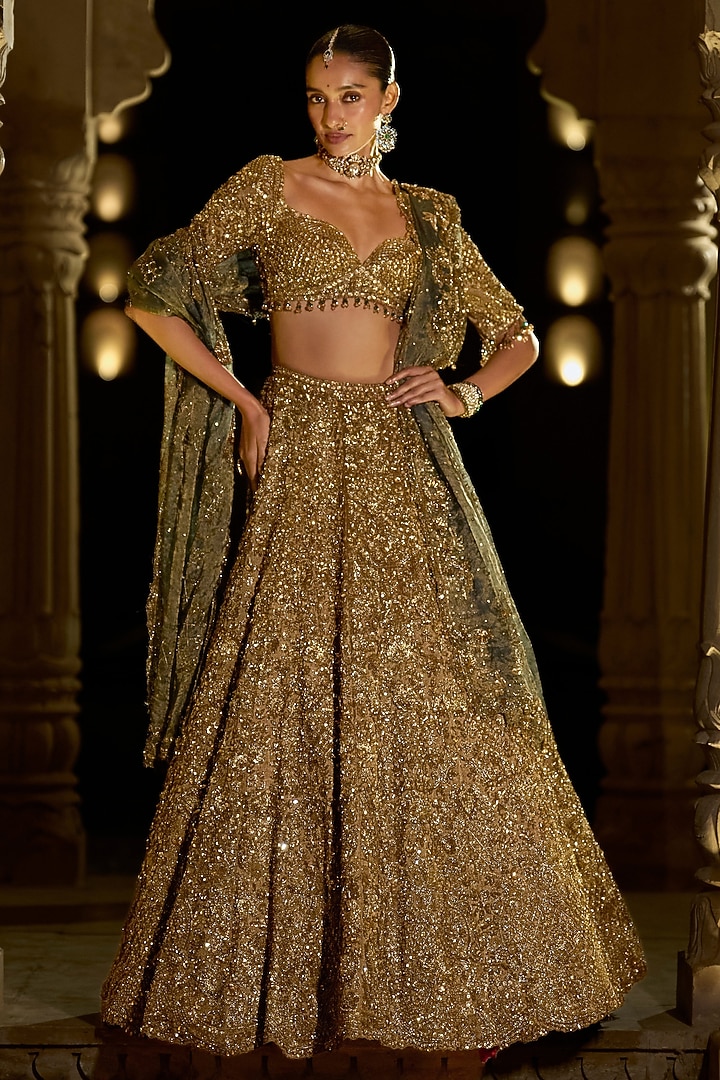 Antique Gold Tissue Silk Crystal Embroidered Bridal Lehenga Set by Seema Gujral at Pernia's Pop Up Shop
