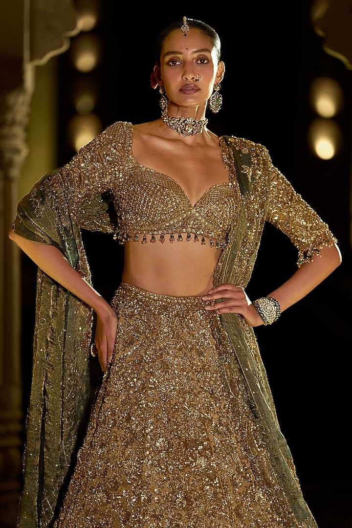 Antique Gold Tissue Silk Crystal Embroidered Bridal Lehenga Set by Seema Gujral at Pernia's Pop Up Shop
