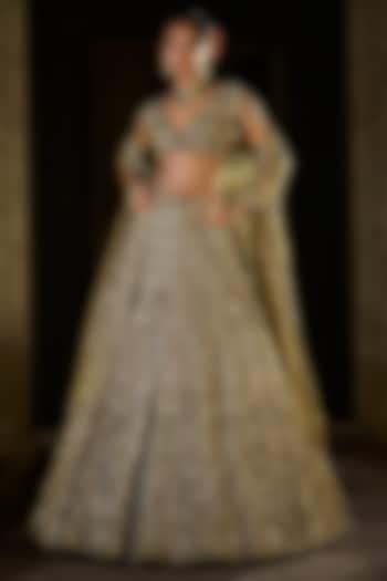 Antique Emerald Tissue Organza Zardosi Embroidered Bridal Lehenga Set by Seema Gujral at Pernia's Pop Up Shop