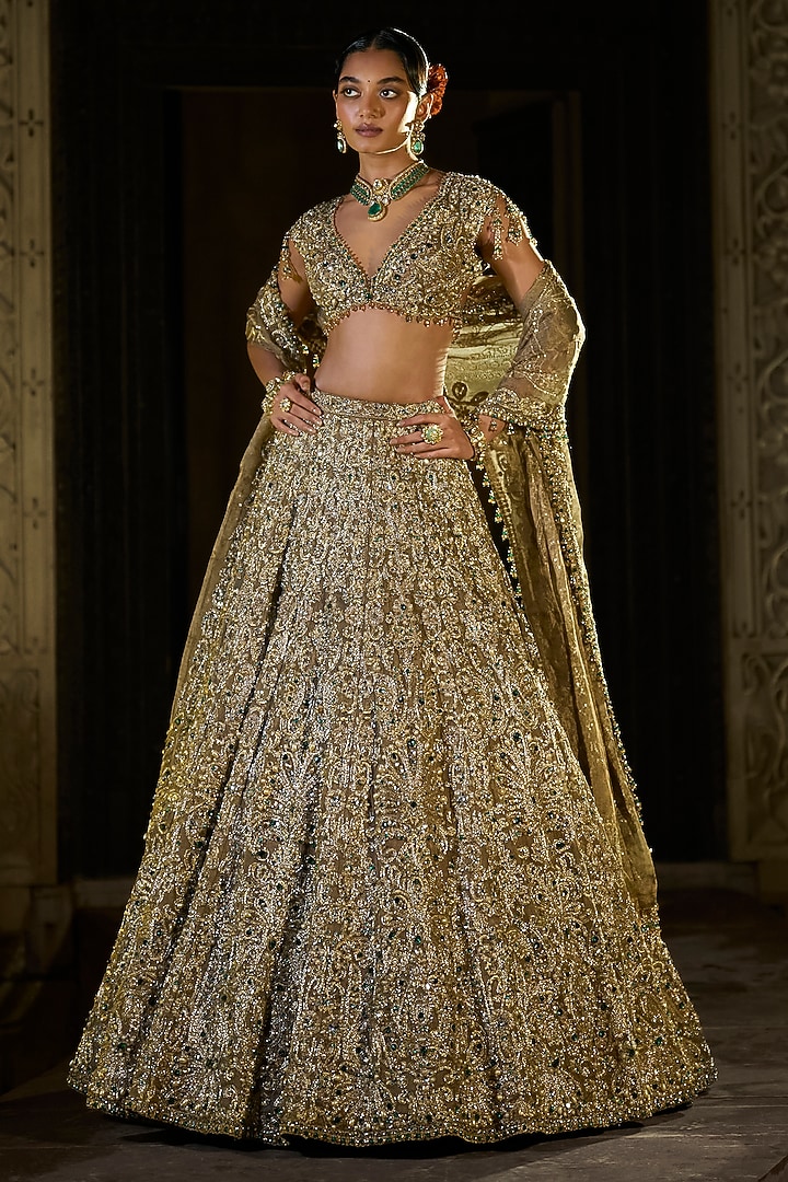 Antique Emerald Tissue Organza Zardosi Embroidered Bridal Lehenga Set by Seema Gujral at Pernia's Pop Up Shop