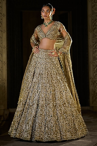 Antique Emerald Tissue Organza Zardosi Embroidered Lehenga Set by Seema Gujral