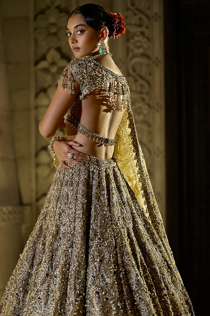Antique Emerald Tissue Organza Zardosi Embroidered Bridal Lehenga Set by Seema Gujral at Pernia's Pop Up Shop