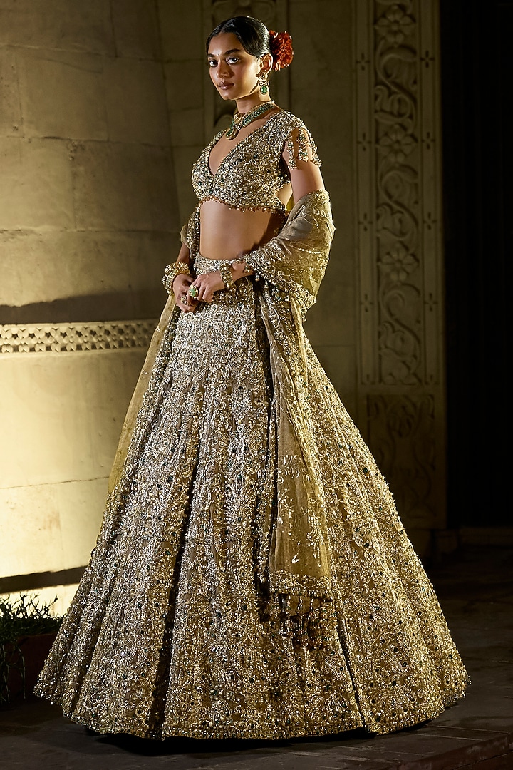Antique Emerald Tissue Organza Zardosi Embroidered Bridal Lehenga Set by Seema Gujral at Pernia's Pop Up Shop