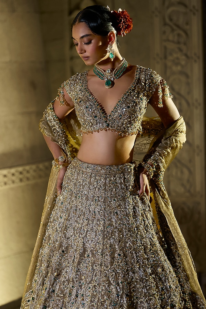 Antique Emerald Tissue Organza Zardosi Embroidered Bridal Lehenga Set by Seema Gujral at Pernia's Pop Up Shop