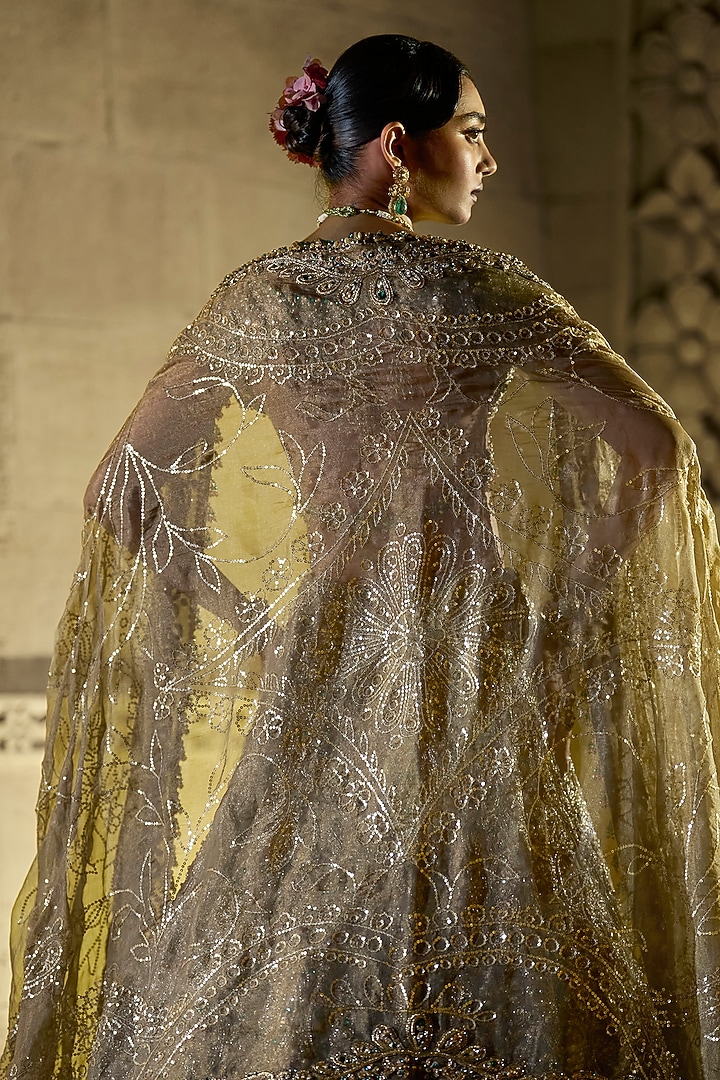 Antique Emerald Tissue Organza Zardosi Embroidered Bridal Lehenga Set by Seema Gujral at Pernia's Pop Up Shop