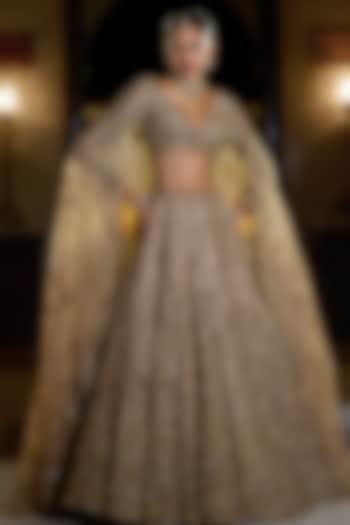 Nude & Gold Raw Silk Sequin Embroidered Bridal Lehenga Set by Seema Gujral at Pernia's Pop Up Shop