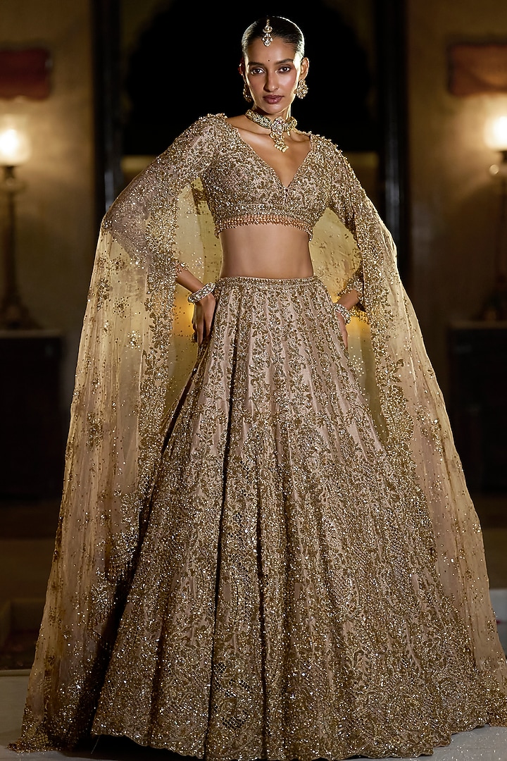 Nude & Gold Raw Silk Sequin Embroidered Bridal Lehenga Set by Seema Gujral at Pernia's Pop Up Shop