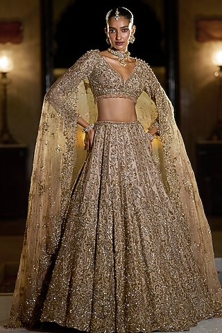 Nude & Gold Raw Silk Sequin Embroidered Lehenga Set by Seema Gujral