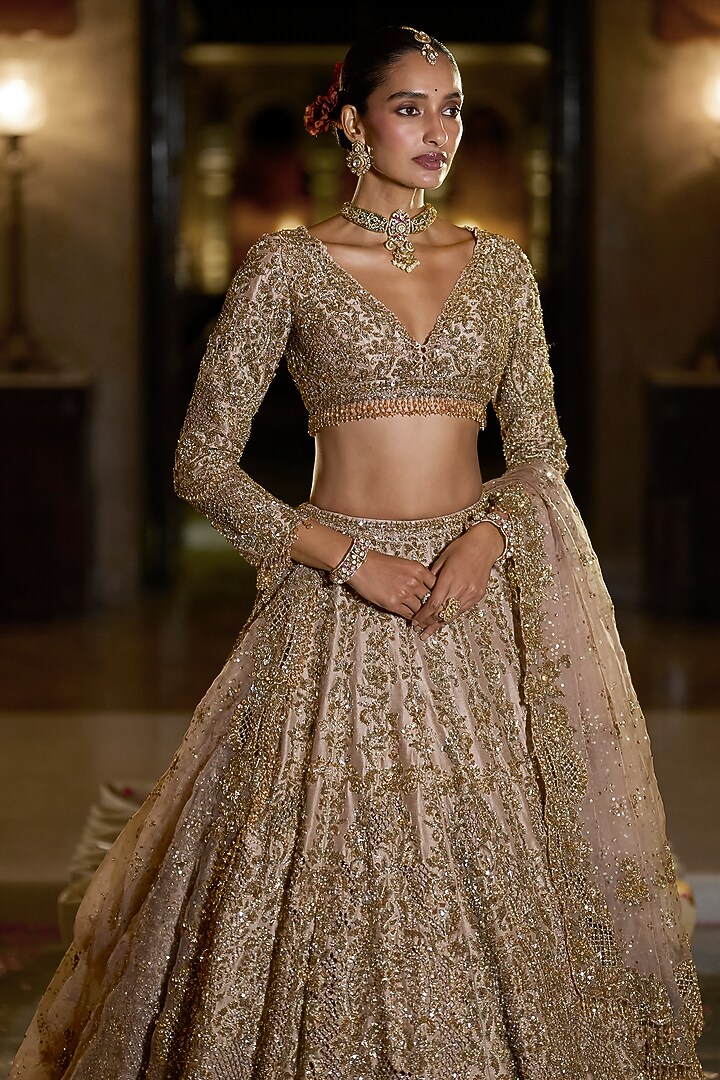 Nude & Gold Raw Silk Sequin Embroidered Bridal Lehenga Set by Seema Gujral at Pernia's Pop Up Shop