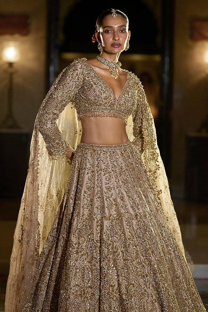 Nude & Gold Raw Silk Sequin Embroidered Bridal Lehenga Set by Seema Gujral at Pernia's Pop Up Shop
