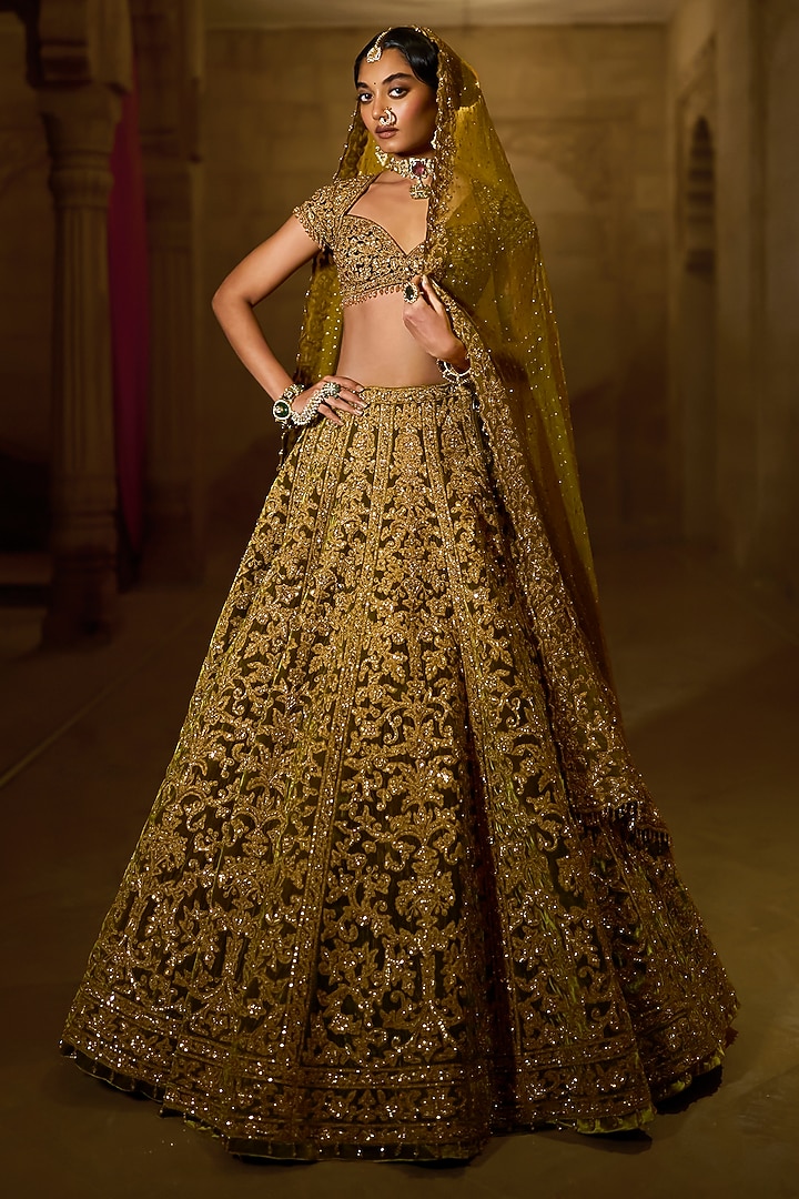 Green Velvet Zardosi Embroidered Bridal Lehenga Set by Seema Gujral at Pernia's Pop Up Shop