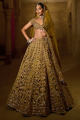 Green Velvet Zardosi Embroidered Lehenga Set by Seema Gujral