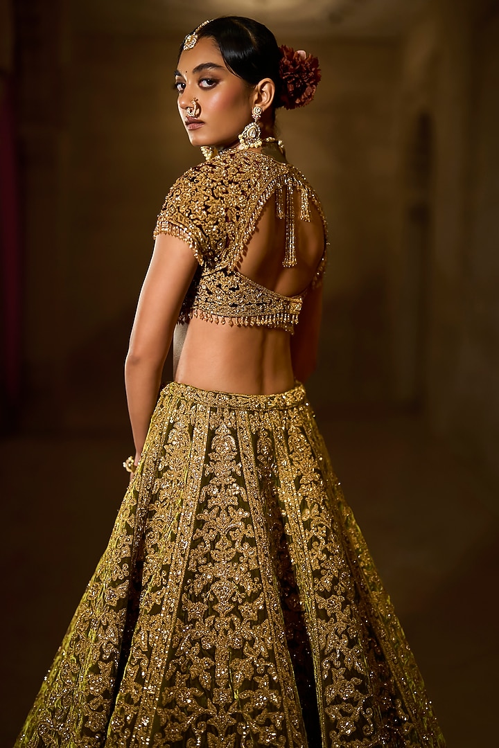Green Velvet Zardosi Embroidered Bridal Lehenga Set by Seema Gujral at Pernia's Pop Up Shop
