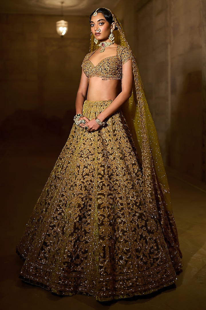 Green Velvet Zardosi Embroidered Bridal Lehenga Set by Seema Gujral at Pernia's Pop Up Shop