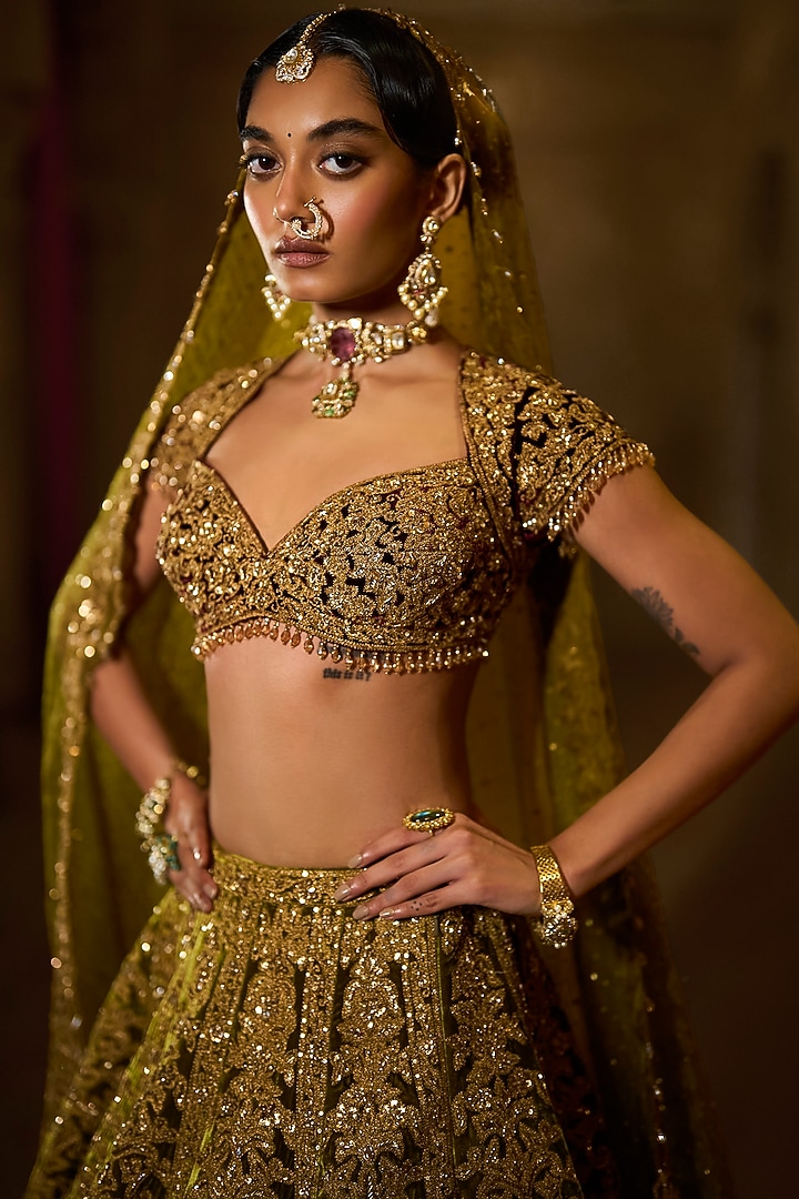 Green Velvet Zardosi Embroidered Bridal Lehenga Set by Seema Gujral at Pernia's Pop Up Shop