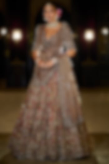 Antique Gold & Maroon Tissue Silk Sequin Embroidered Bridal Lehenga Set by Seema Gujral at Pernia's Pop Up Shop