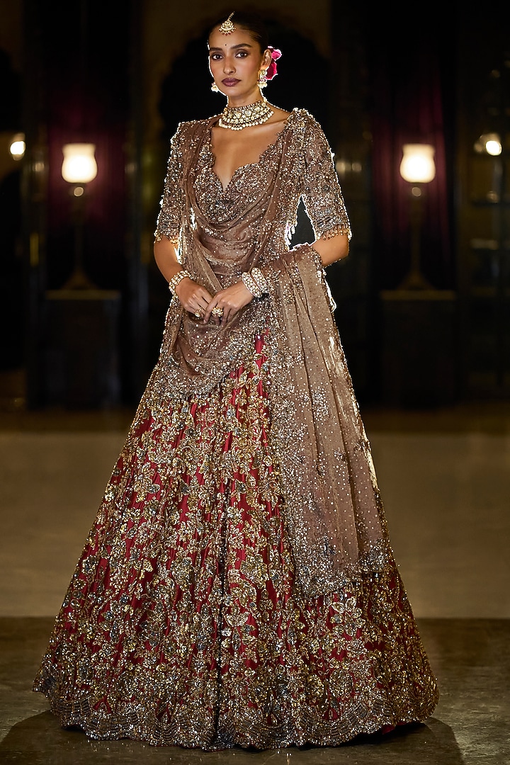 Antique Gold & Maroon Tissue Silk Sequin Embroidered Bridal Lehenga Set by Seema Gujral at Pernia's Pop Up Shop