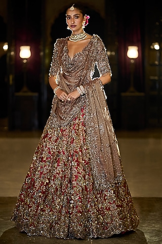 Antique Gold & Maroon Tissue Silk Sequin Embroidered Lehenga Set by Seema Gujral