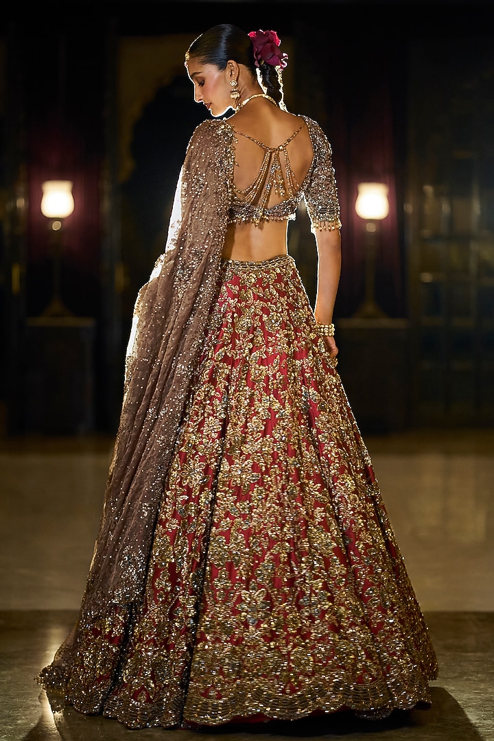Antique Gold & Maroon Tissue Silk Sequin Embroidered Bridal Lehenga Set by Seema Gujral at Pernia's Pop Up Shop
