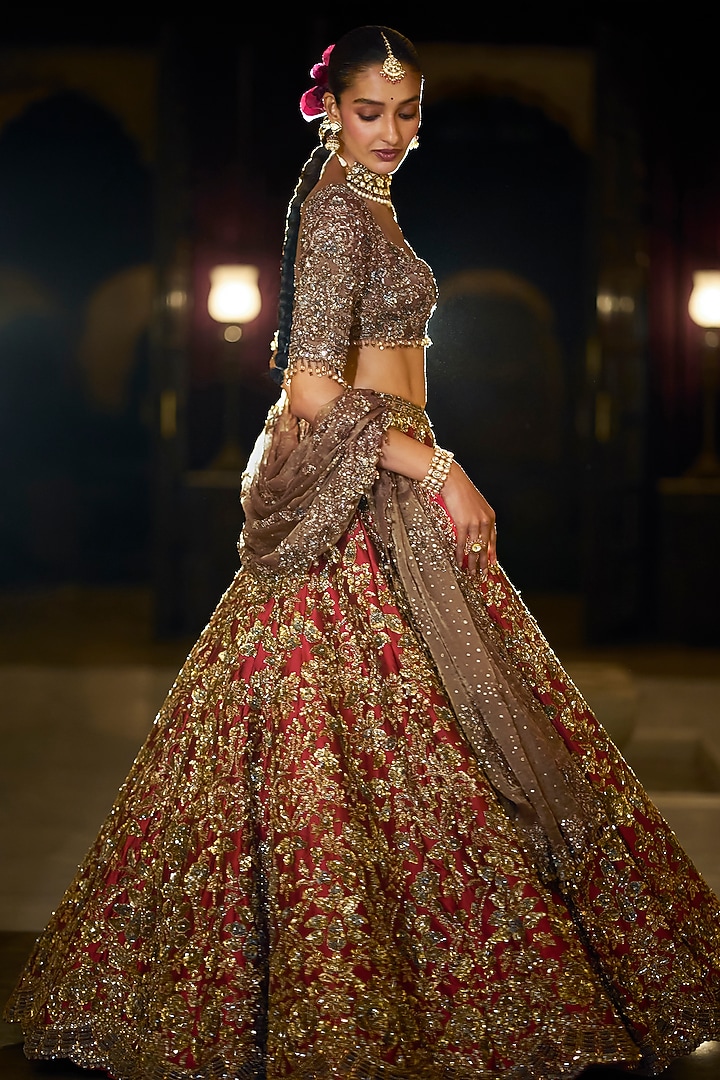 Antique Gold & Maroon Tissue Silk Sequin Embroidered Bridal Lehenga Set by Seema Gujral at Pernia's Pop Up Shop