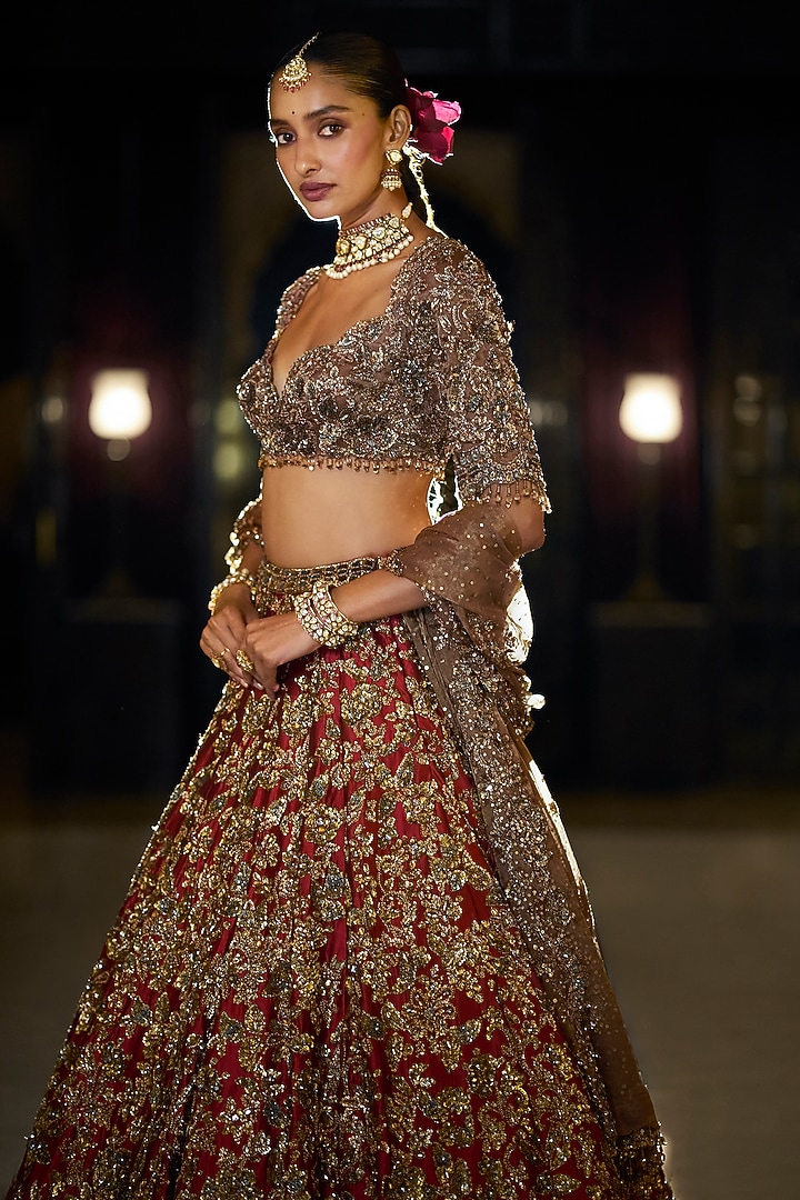 Antique Gold & Maroon Tissue Silk Sequin Embroidered Bridal Lehenga Set by Seema Gujral at Pernia's Pop Up Shop