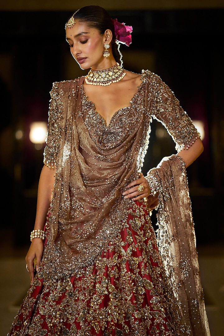 Antique Gold & Maroon Tissue Silk Sequin Embroidered Bridal Lehenga Set by Seema Gujral at Pernia's Pop Up Shop